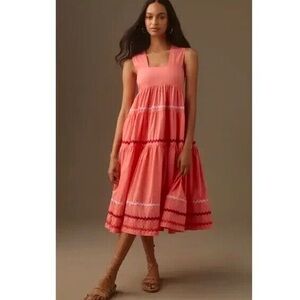 Anthropologie Helena Square Neck‎ Tiered Pink Coral Scallop Midi Dress Sz S NEW
